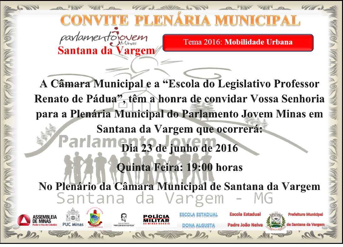 Convite Plenária Municípal do Parlamento Jovem Minas em Santana da Vargem