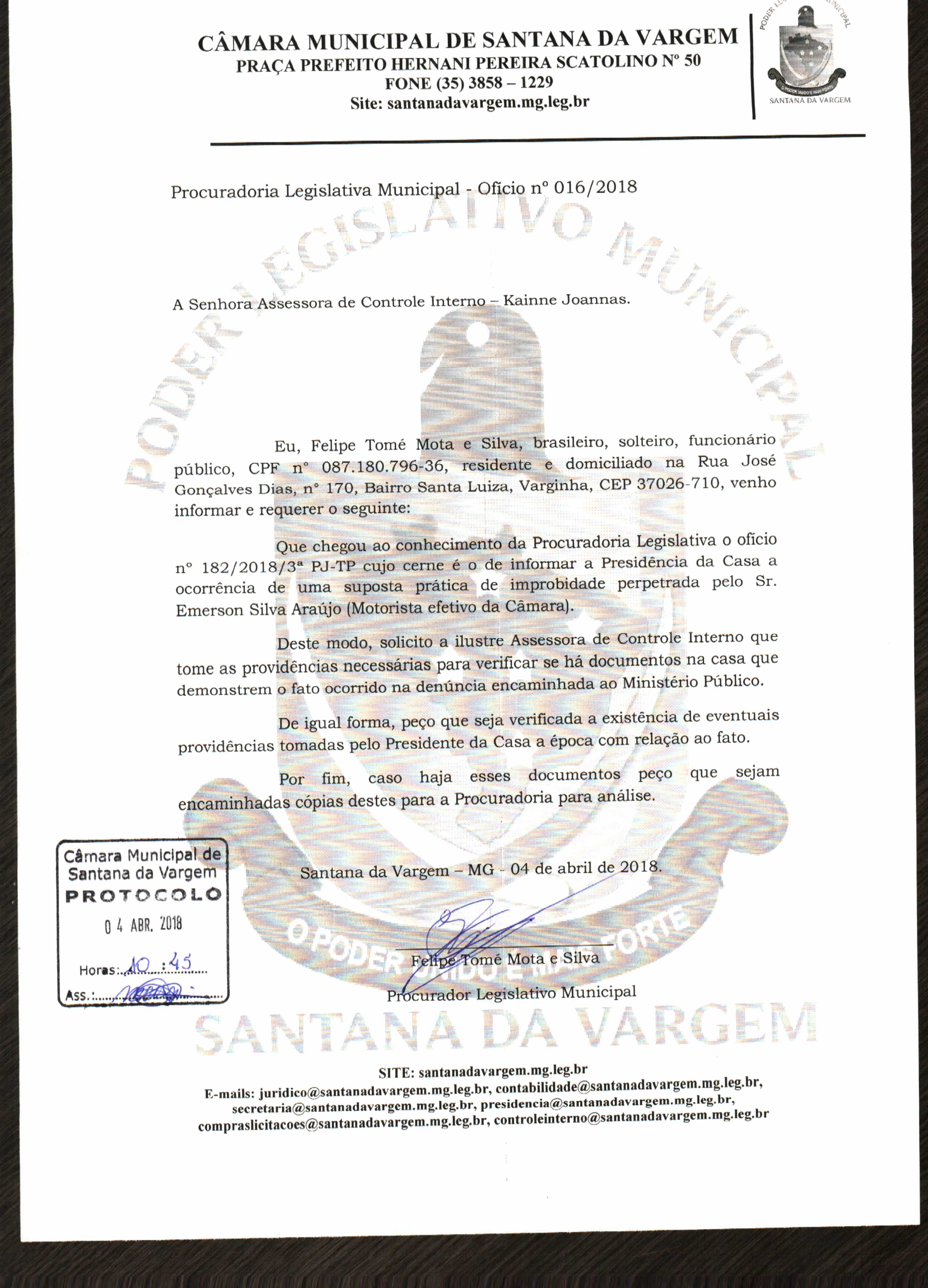 Ofício 16 - Processo Adm - solicitando documentos do emerson.JPG