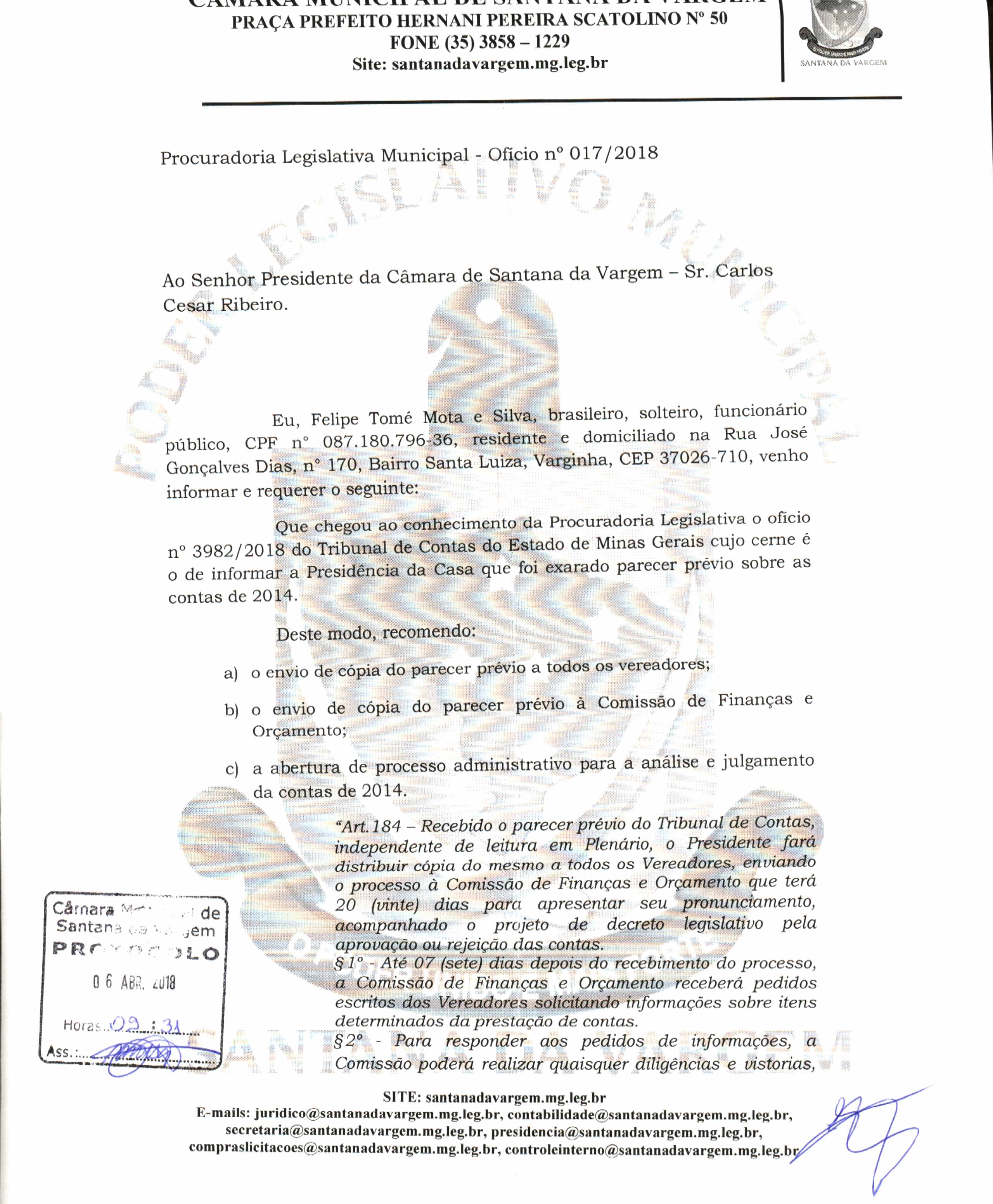 Ofício 17 - 2018 - Julgamento de Contas 2018 - Orientar para abrir processo adm..JPG