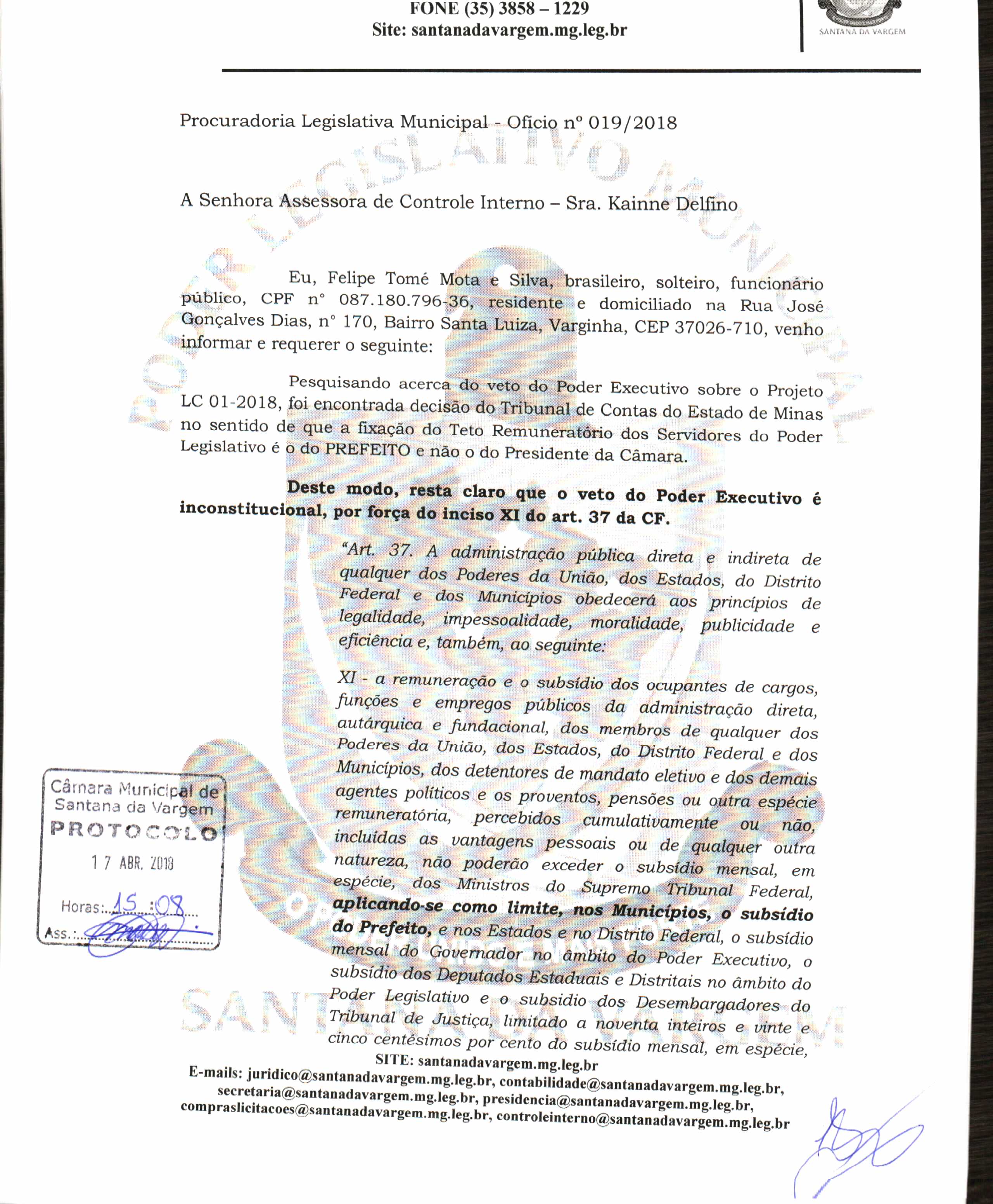 Ofício 19 - Assessora de Contorle Interno - Juntada de parecer do TCEMG.JPG