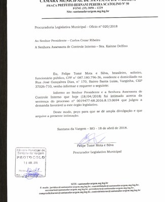 Ofício 20 - Intimação da Sentença Processo de Autoria Argemiro.JPG