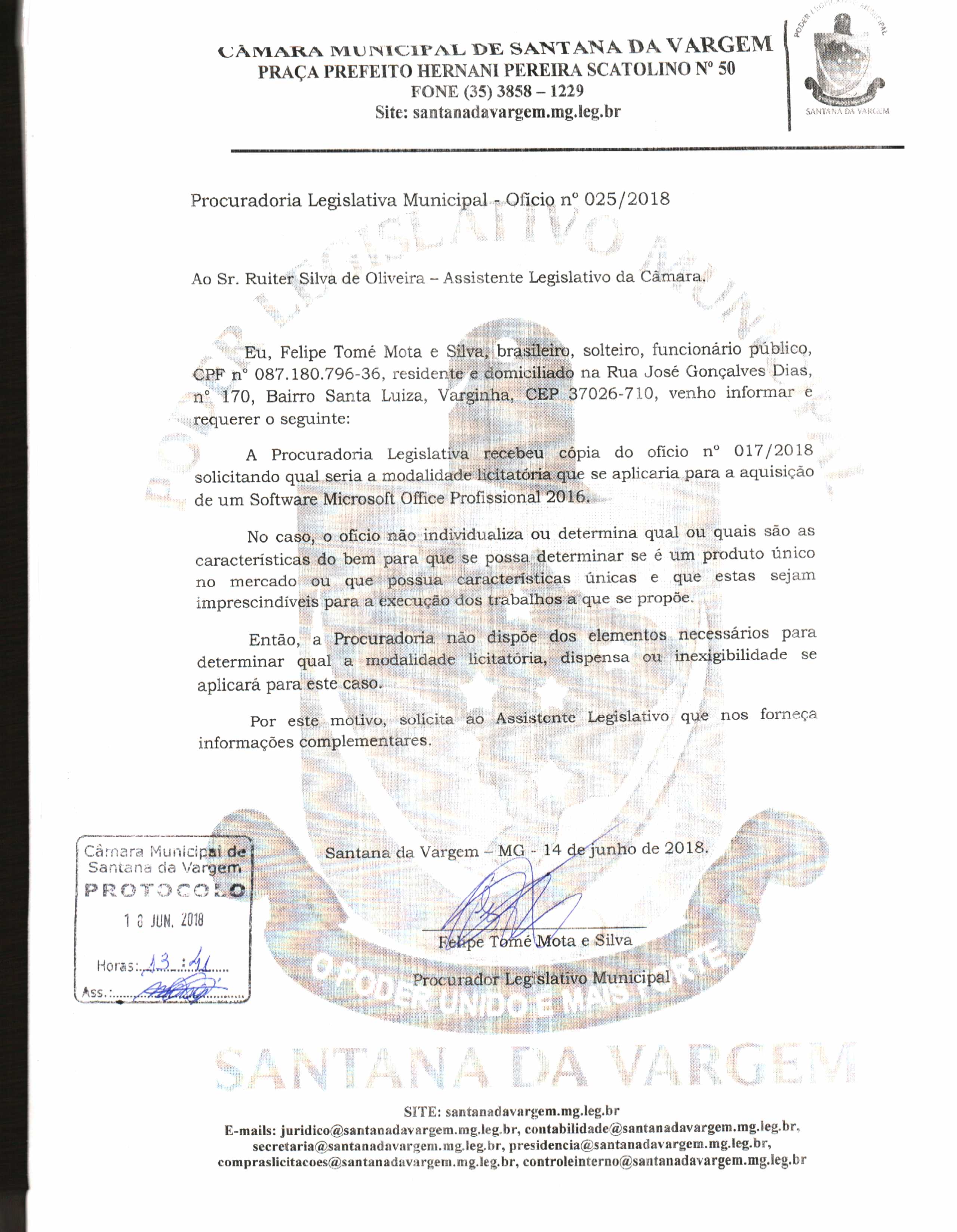 Ofício 25 - 2018 - Resposta ao Assistente Legislativo sobre modlidade licitatória.JPG